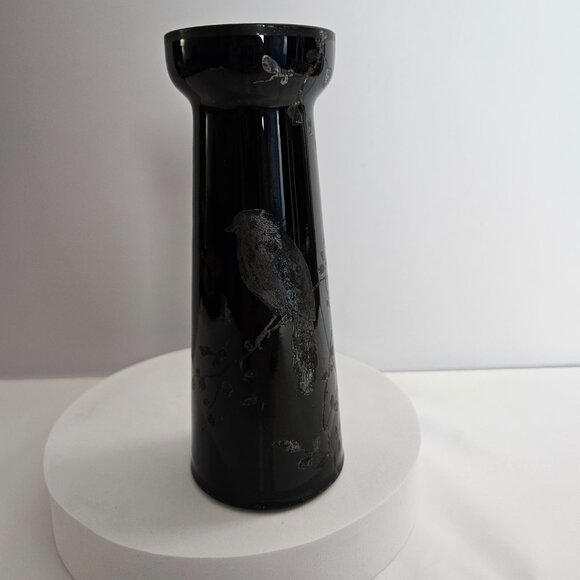 Czechoslovakian Pottery Vase Black Hand-Etched Bird Motif Gloss Finish 6.5"t - Picture 6 of 16